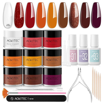 Aokitec 23pcs Dip Powder Nail Kit - 8 Colors Fall Series Dip Powder Nail Set